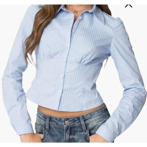 NWT EDIKTED Pinstripe Cotton Poplin Button Up Shirt Blue Medium